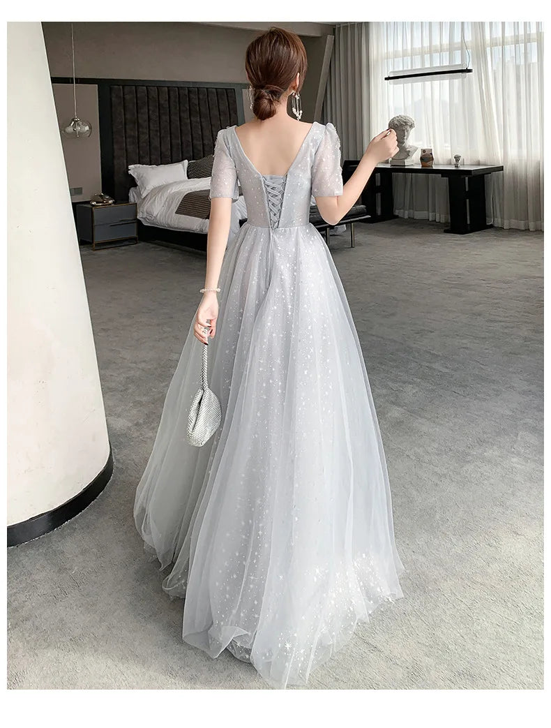 Grey Bridesmaid Dresses Elegant Women Applique Off The Shoulder Floor Length Tulle Wedding Party Dress Formal Prom Gowns