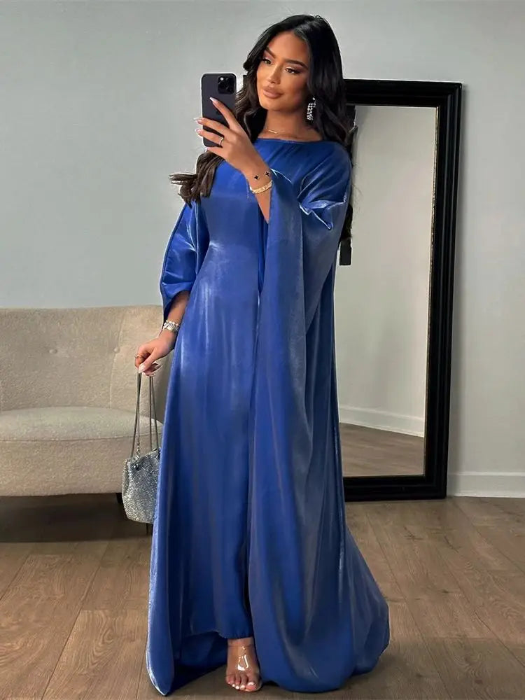 Batwing Butterfly Sleeve Satin Khimar Abaya Dubai Muslim Maxi Dress Kaftan Abayas For Women Kebaya Caftan Robe Femme Vestidos - Seprincess