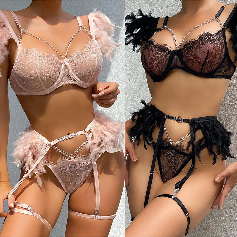 Erotic lingerie Feather bra set bound tight high-end fetish sexy hot underwear women lingerie set sexy dames Fantasy clothing - Seprincess