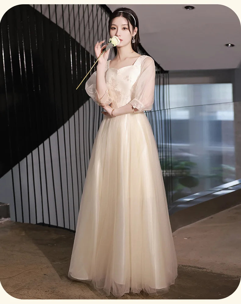 Champagne Bridesmaid Dress Women's Sweet Tulle Embroidery New Temperament Sisters Evening Dresses A-Line Wedding Party Gown