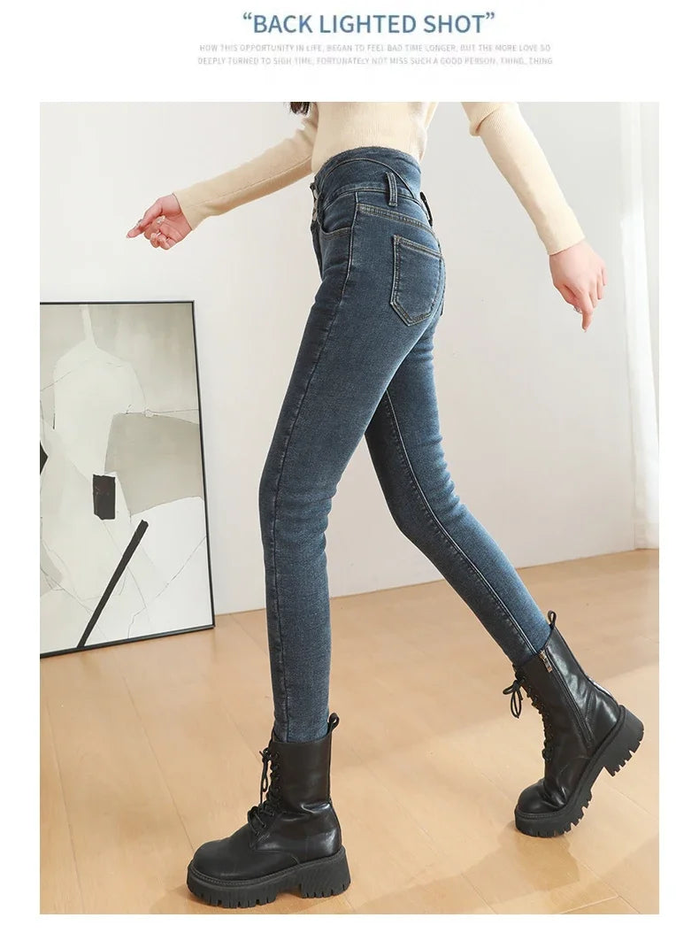 Black Fleece Warm Women Winter Jeans Thickened High Waist Multi-button Skinny Stretch Denim Pants Fashion Korean Female Trousers