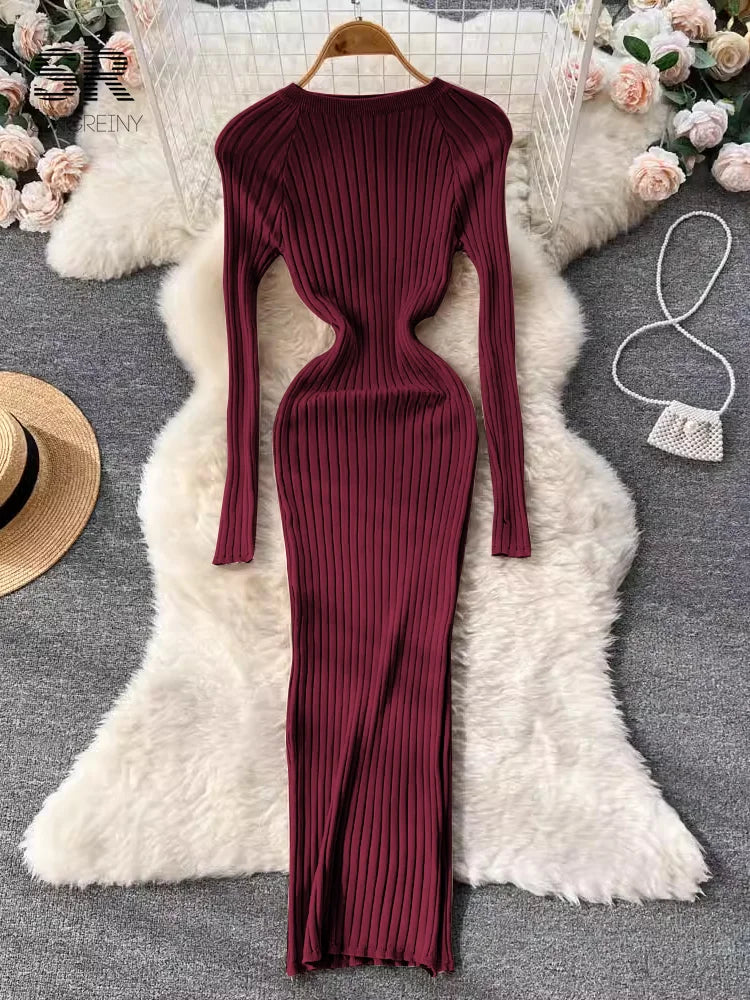 SINGREINY Winter Women Knit Maxi Dress O Neck Autumn Long Sleeve Slim Solid Harajuku Ladies Fashion Pencil Sweater Long Dresses - Seprincess