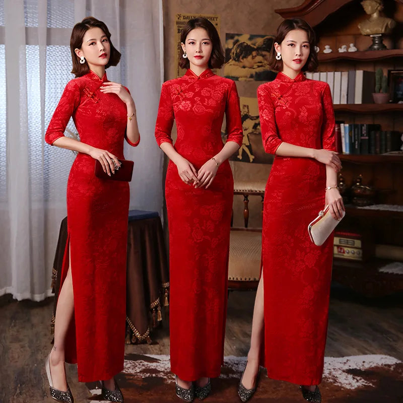 Red 3/4 Sleeve Long Cheongsam Velvet Slim Mother Dress Elegant Traditional Evening Dresses Qipao - Seprincess