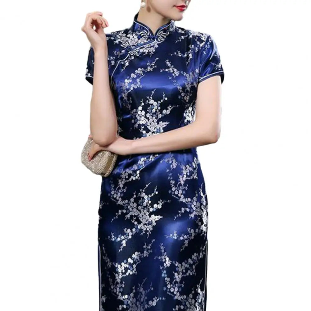 Retro Style Cheongsam Dress Elegant Chinese National Style Floral Embroidery Cheongsam Dress with Stand for Summer for Women - Seprincess