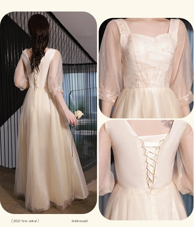 Champagne Bridesmaid Dress Women's Sweet Tulle Embroidery New Temperament Sisters Evening Dresses A-Line Wedding Party Gown - Seprincess