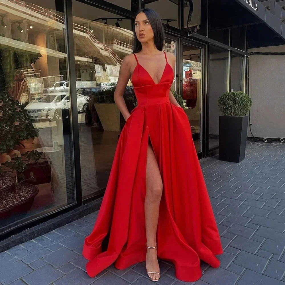 Sexy V Neck Satin Maxi Dress Woman 2024 Spaghetti Strap Side Slit Prom Dress High Waist Evening Gown Party Graduation Long Robe - Seprincess