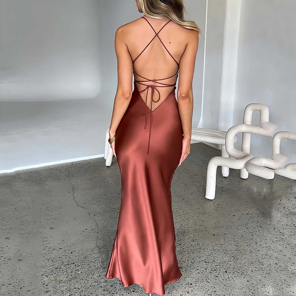 Summer Long Dress Women Evening Dresses Fashion Sexy Club Party Dresses Suspender Satin Dress Backless Strappy Waist Long Skirt - Seprincess