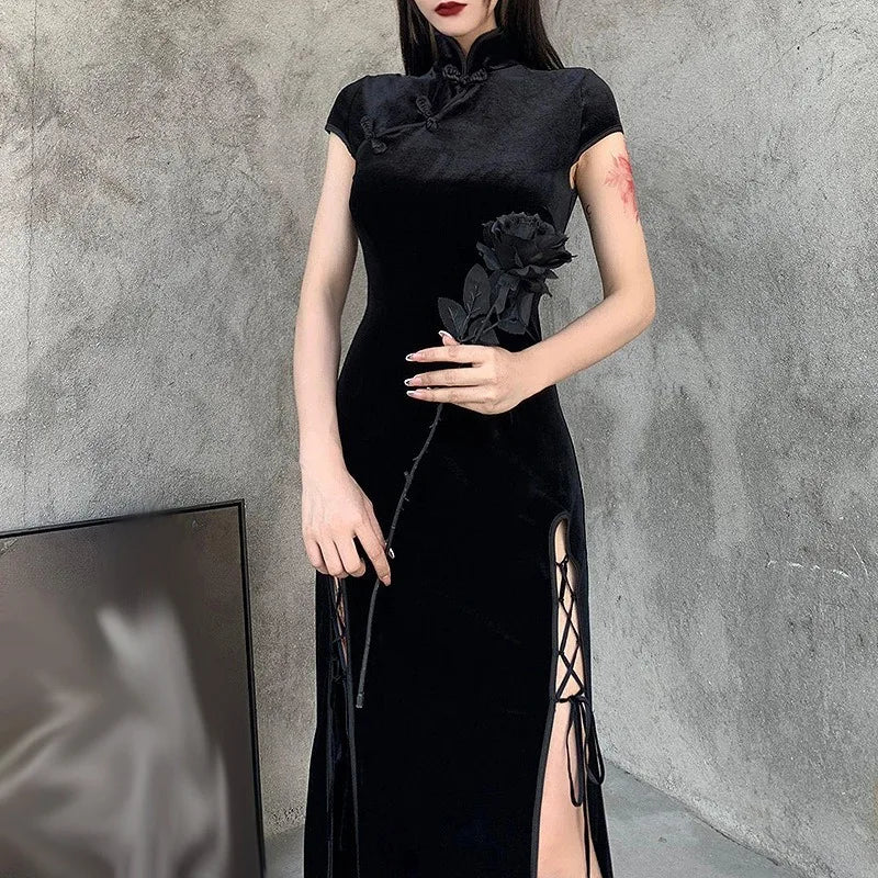 Chinese Retro Black Cheongsam Lady Elegant Evening Dresses Party Gothic Qipao Women High Split Bandage Sexy Oriental Long Dress - Seprincess