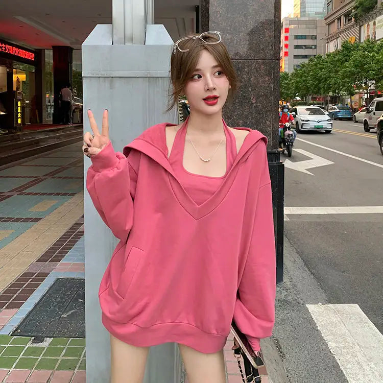 Spring Autumn Korean Version Solid Color V-neck Loose Hooded Coat New Slim Sexy Vest Casual Sweet Two Piece Women Clothing - Seprincess