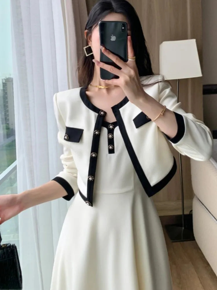 Elegant 2-Piece Dress Set for Lady Short Coat A-Line Midi Camisole Dresses Slim Korean Fashion Female Suit Spring Autumn New - Seprincess