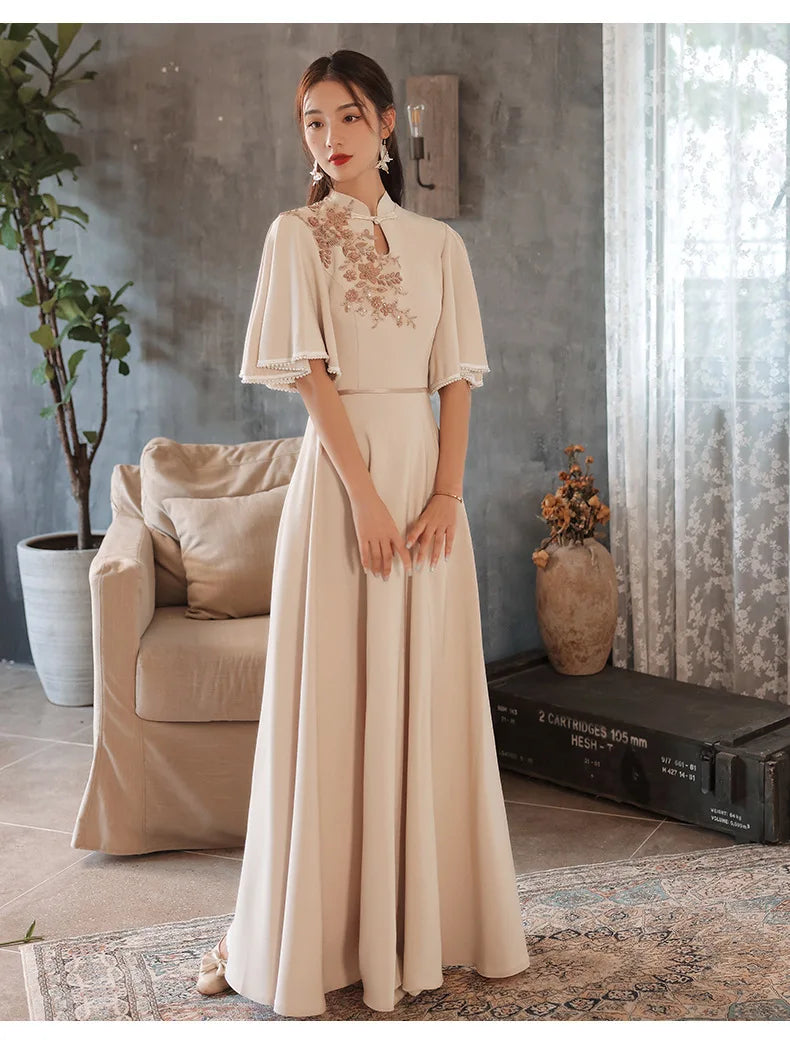 Slim A-line Mandarin Collar Qipao Female Chinese Styles Bridesmaid Dress Appliques Flower Pearl Cheongsam Party Prom Gown - Seprincess