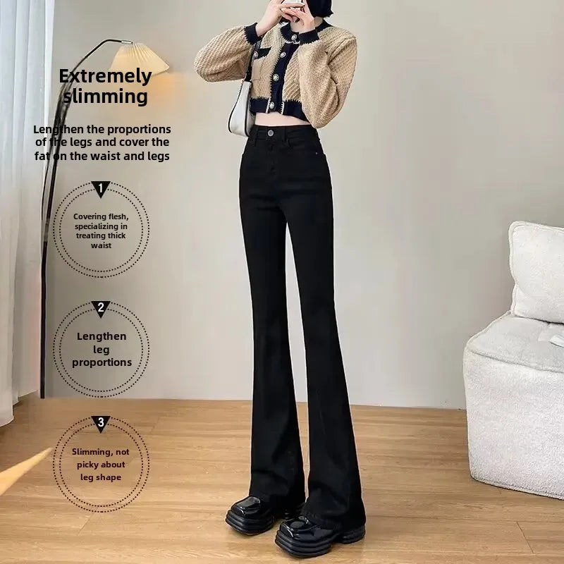 Autumn Winter Fleece-Lined High-Waisted Slimming Jeans For Women Petite Black Versatile Elastic Micro-Flared Cropped Pants