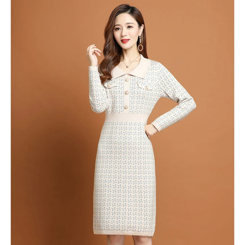 Office Lady Korean Fashion Knitted Solid Slim Dress Women's Winter Long Sleeve Warm Elegant Knee Length Tunics - Seprincess