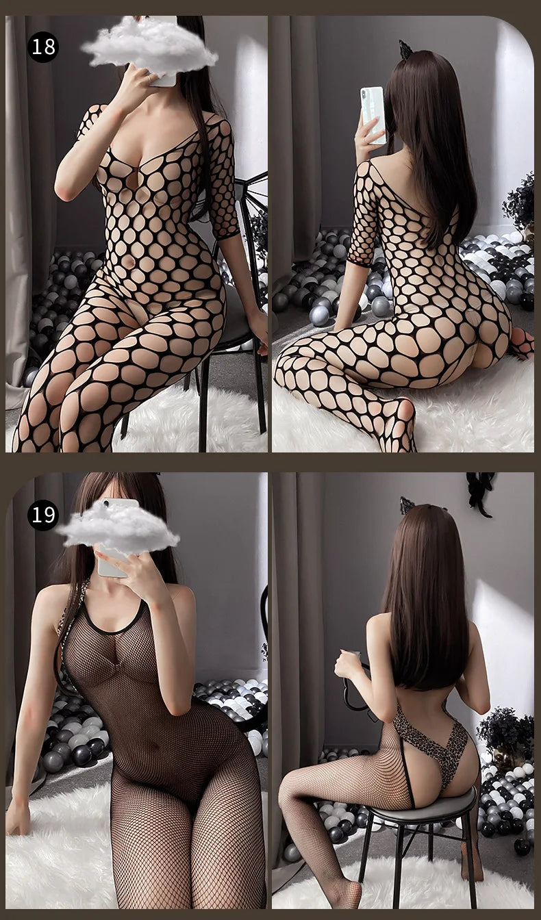 Sexy Open Crotch Bodysuit For Women Erotic Fishnet Mesh Bodystockings Female Porn Hollow Out Teddy Crotchless Stretch Lingerie