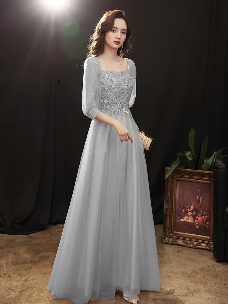 Grey Shining long lady girl women princess banquet party ballbridesmaid performance prom dress performance gown - Seprincess