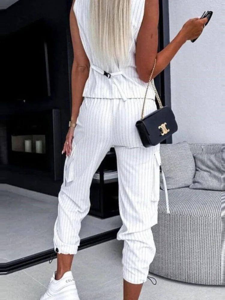 White Striped Vest Suit For Women Summer Casual V-neck Button Top Pocket Loose Pants Outfits Two-piece Suit For Women Elegant - Seprincess