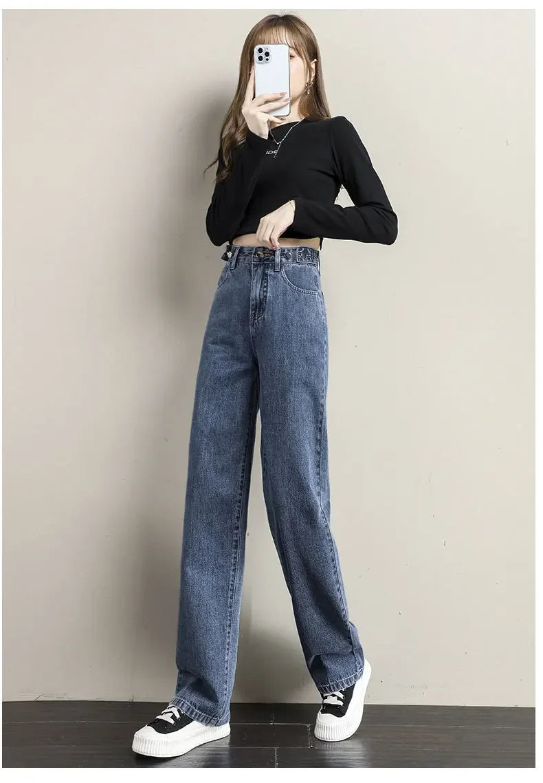 Multi-Button Wide-Leg Women's Jeans New Style Adjustable High-Waisted Straight-Leg Long Pants Loose Fit Niche Style