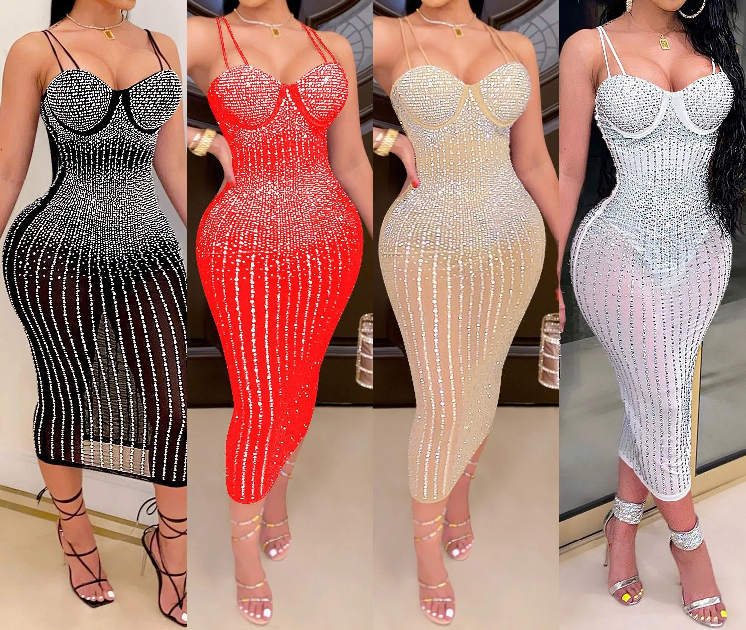 Women Diamonds Rhinestones Dress Fashion Mesh Luxury Evening Dresses Sexy Elegant Party Club Welcom Birthday Prom Dresses HXY612 - Seprincess