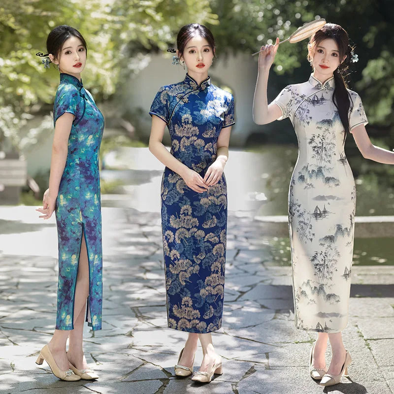 2024 Summer Autumn New Cheongsams Blue Flower Print Qipao Oriental Vintage Classical Vestidos Women's Satin Qipao Chinese Dress - Seprincess