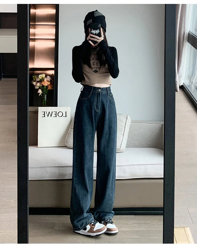 Jielur Dark Blue Straight Basic Female Jeans High Waist Slim Loose Solid Color Simple Women's Wide Leg Pants Chic Office Ladies