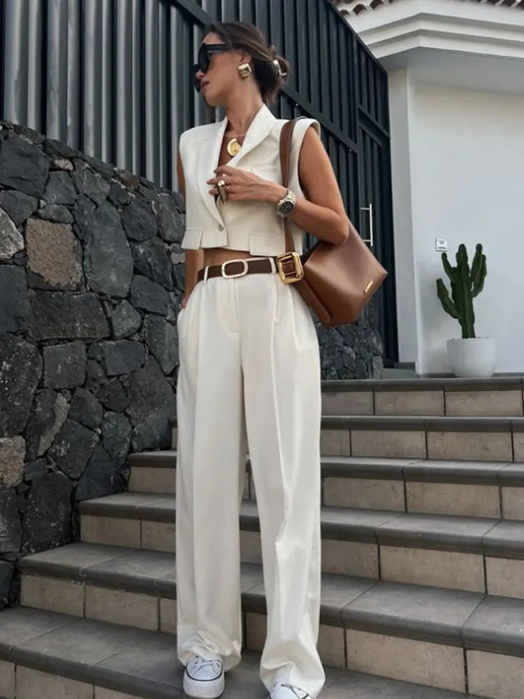 TRAF 2024 Elegant Sleeveless Women Blazer Vest Suits V Neck Office Tanks Female Crop Top Wide Pants Sets Y2K OL - Seprincess