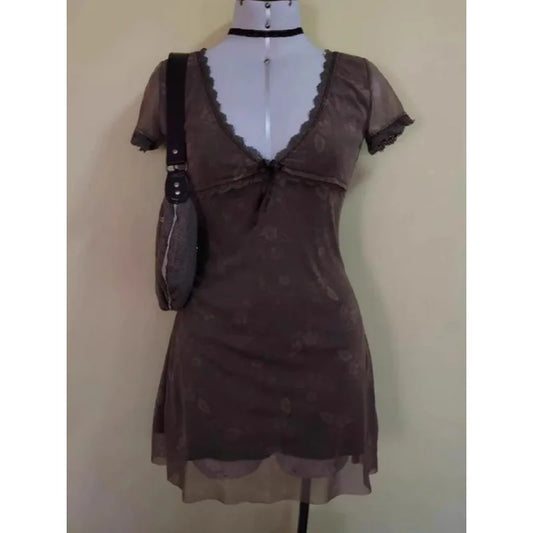 Vintage Floral Brown Dress Women's Summer 2024 Chic Sexy Elegant Fashion Ladies Casual Dress Beautiful Lace Mini Short Dresses - Seprincess