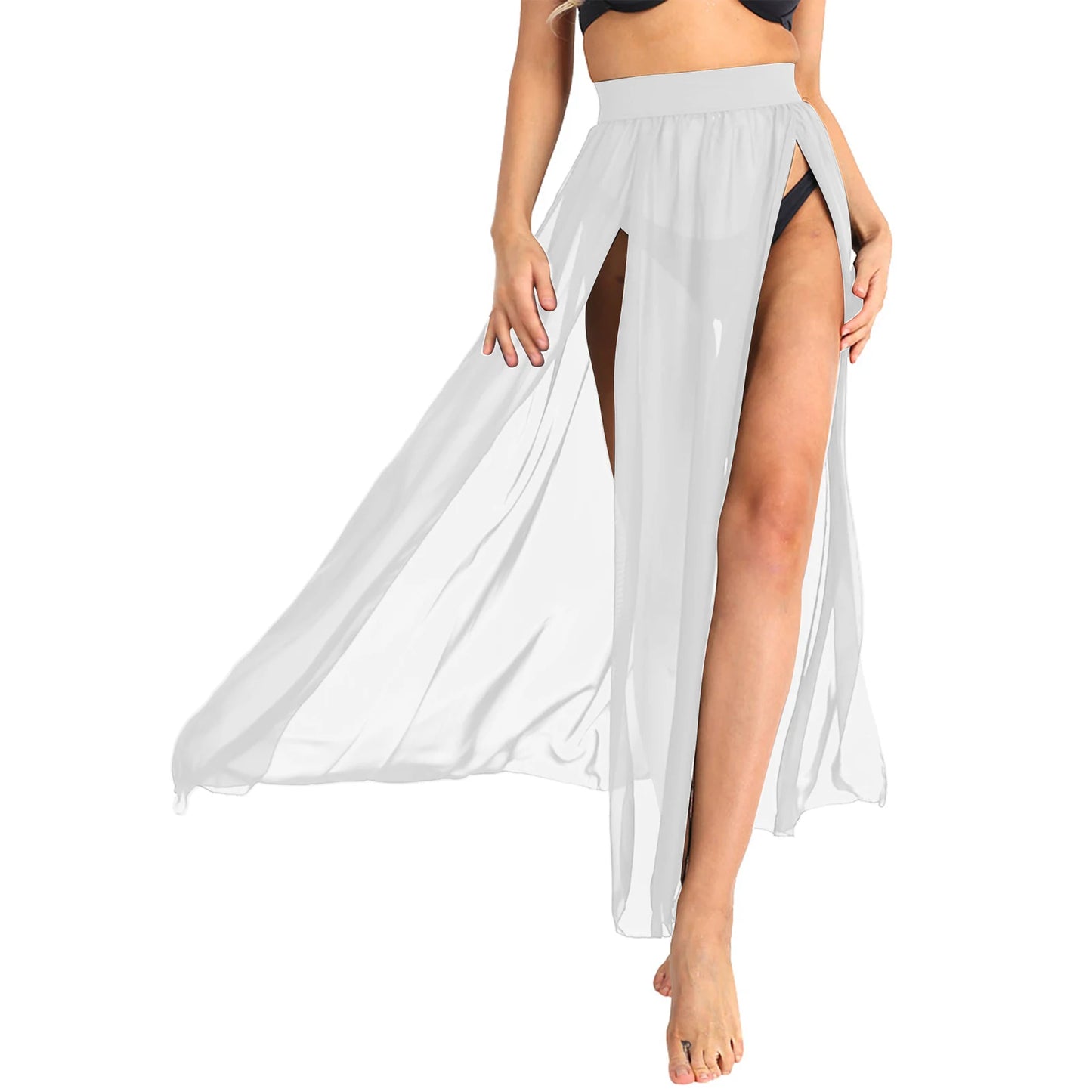 Sexy Women Sheer See Through Chiffon Maxi Skirts High Split Flowy Long Skirt Transparent Bikini Cover Up Bottoms Pool Party Club - Seprincess