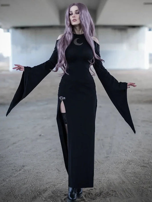 Gothic Dark Witches Clothes Halloween Cosplay Women Witchcraft Moon Dress Trumpet Sleeve Outfits Costumes - Seprincess