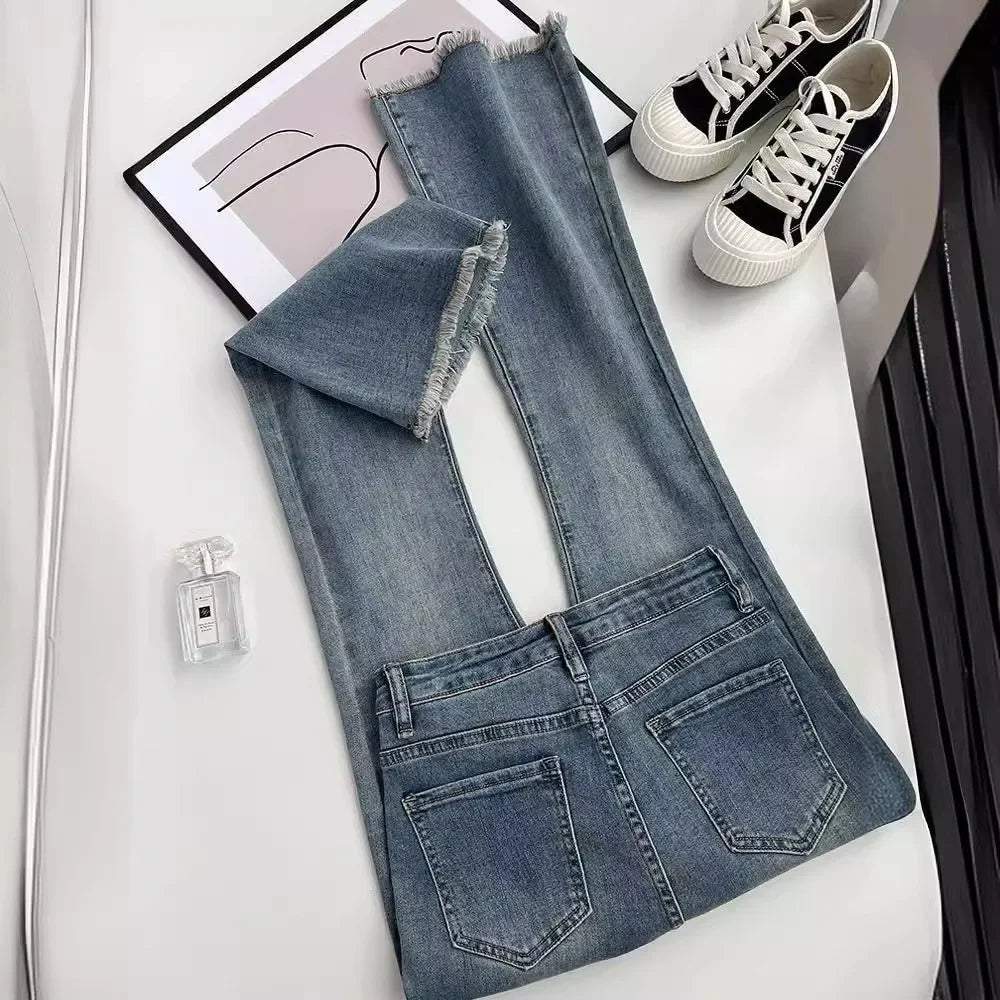 Summer New Fringe Jeans Women's Student High-waisted Elastic Slimming Bootcut Pants Vintage Thin Bell-bottom Pantsins