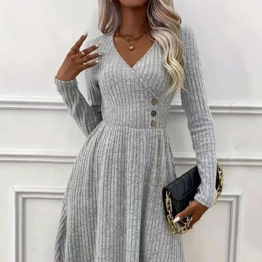 Autumn Winter Sweater Dress V Neck A-line Knitted Dress Long Sleeves Big Hem Midi Dress - Seprincess