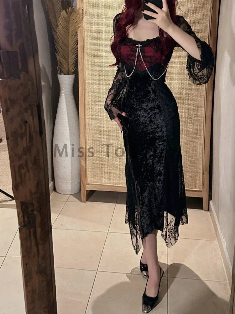 Summer Gothic Grunge Y2k Lace Dress Women Dark Academia Sexy Slim Party Dresses Korean Fashion Design Festival Long Prom Dress - Seprincess