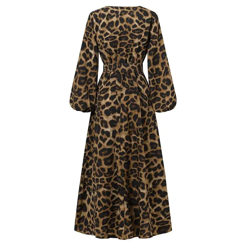 Vintage Women Long Sleeve Leopard Dresses ZANZEA Autumn Sundress Fashion Maxi Long Dress Party Vestidos Female V Neck Print Robe - Seprincess