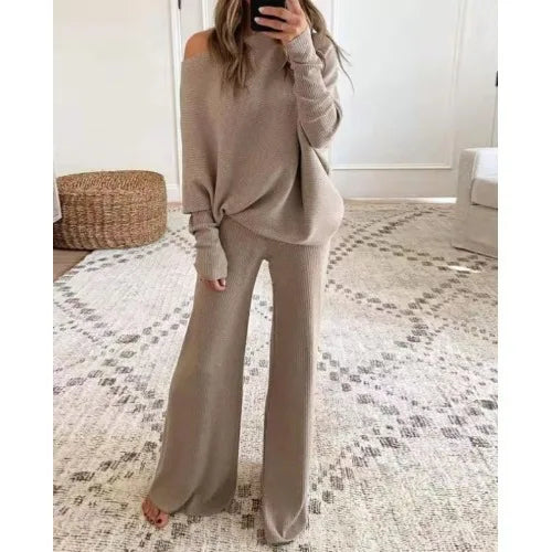 Fashion Long-sleeved Bateau Collar Top + Wide-leg Pants 2-piece Set Women Elegant Autumn Solid Color Knitted Loose Suit Female - Seprincess