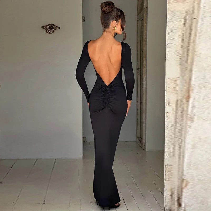 Dulzura Long Sleeve Backless Ruched Maxi Dress Women Bodycon Sexy Party Birthday Evening Outfits 2024 Spring Summer Clothes - Seprincess