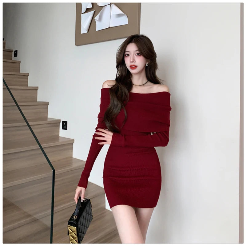 Sexy Slash Neck Mini Dress Women Vintage Elegant Black Wrap Sweater Dresses Winter Korean Red Off Shoulder Bodycon Vestidos New - Seprincess