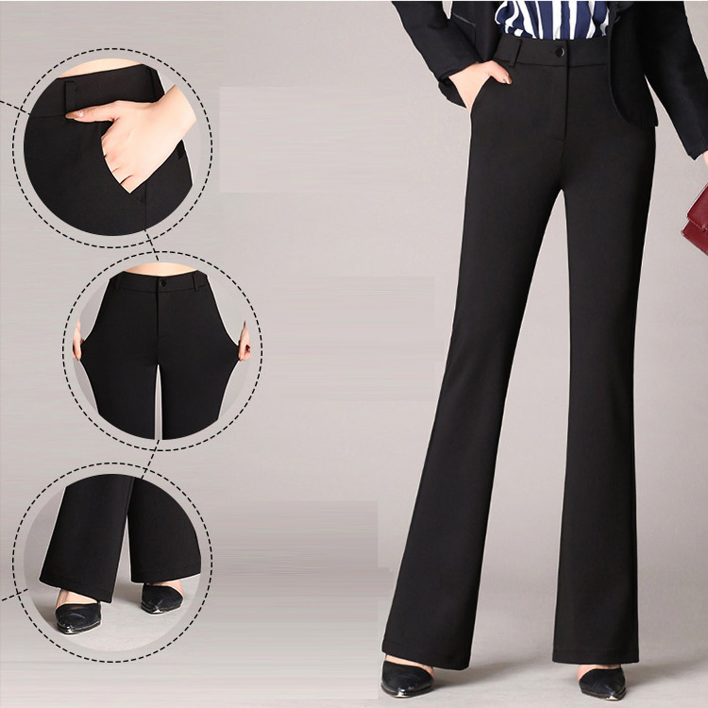 Autumn and Winter Women Pockets High Waist Solid Straight-leg Pants Long Trousers Flared Pants