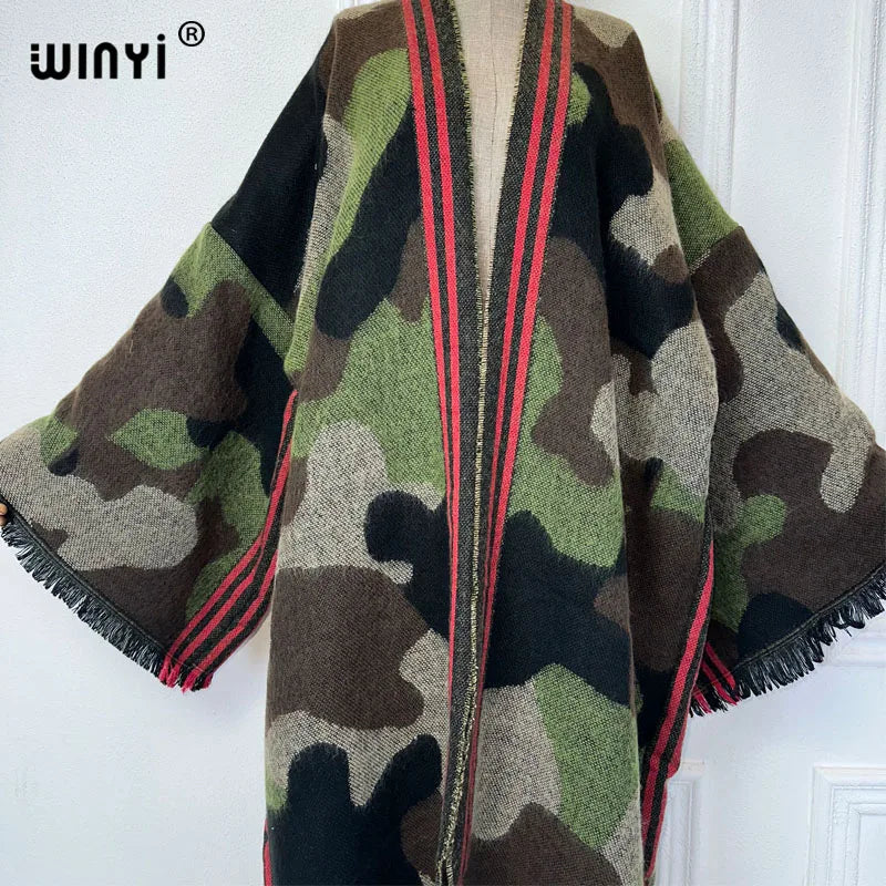 WINYI camouflage colour African women winter kimono long sleeve OverCoat abaya dubai luxury Open Front Long Cardigan party dress - Seprincess