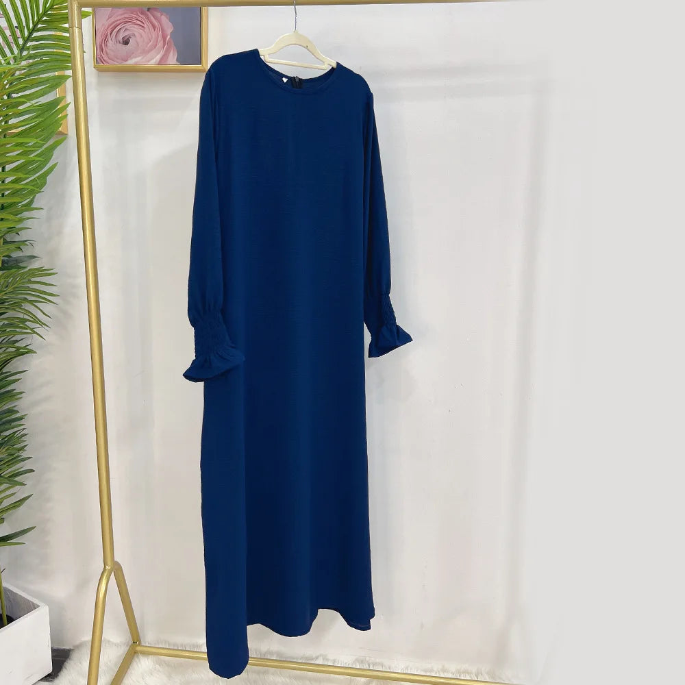 Under Abaya Inner Long Slip Dress Solid Color Smocked Cuffs Islamic Clothing Muslim Woman Casual Dubai Turk Modest Hijabi Robe - Seprincess