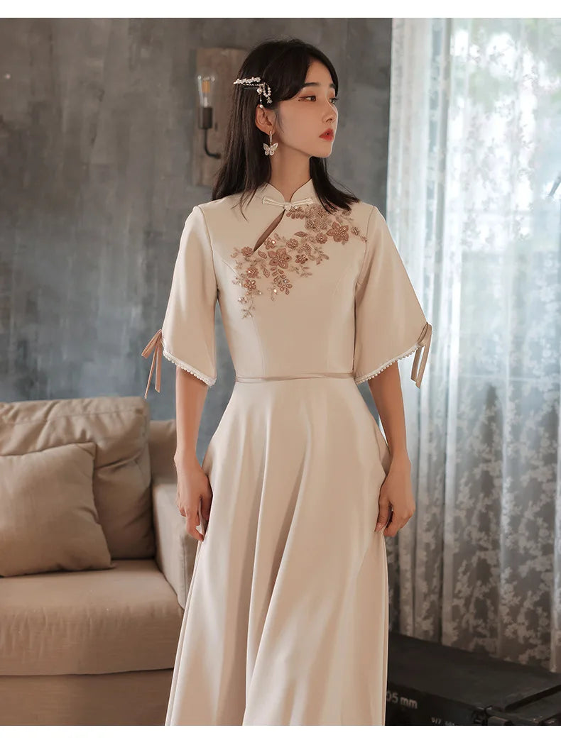 Slim A-line Mandarin Collar Qipao Female Chinese Styles Bridesmaid Dress Appliques Flower Pearl Cheongsam Party Prom Gown - Seprincess