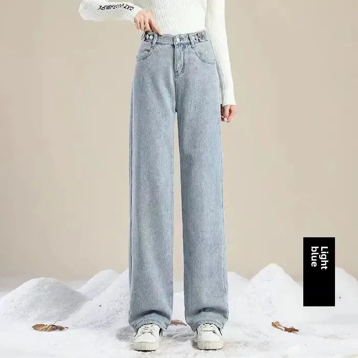 Thickened Fleece-lined Women's Jeans Winter Hong Kong Style Straight-leg Loose-fit Pants New Arrival Petite Wide-leg Denim