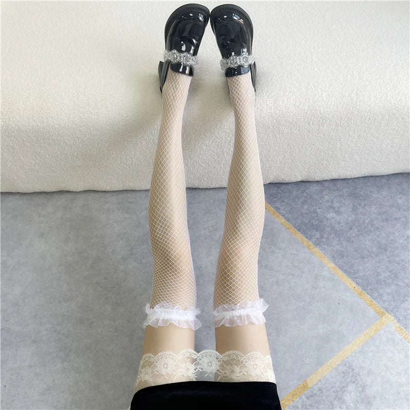 White Silk Bow Stockings Women's Japanese JK Over-the-knee Stockings Sexy Lace High Thigh Fishnet Socks Long Lolita Socks