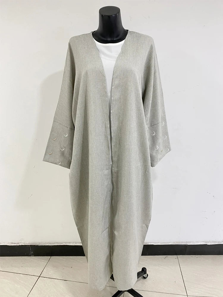 Eid Linen Abaya One Piece Open Cardigan with Heart Design Bat Sleeve Muslim Women Outwear 2024 Ramadan Dubai Arabic Kimono - Seprincess