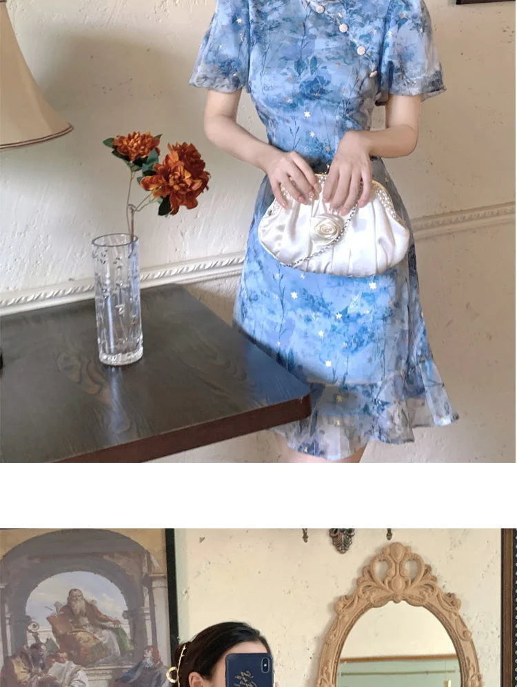 Summer French Short Sleeve Modern Chinese Dress Improvement Cheongsam Girl's Blue Print Fashion Dresses Qipao - Seprincess