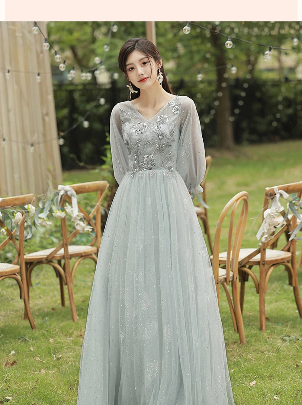 4 Styles Grey Bridesmaid Dress Women's Elegant V-neck Sequins Shawl Collar Slim A-line Gown Light Luxury Wedding Party Vestido - Seprincess