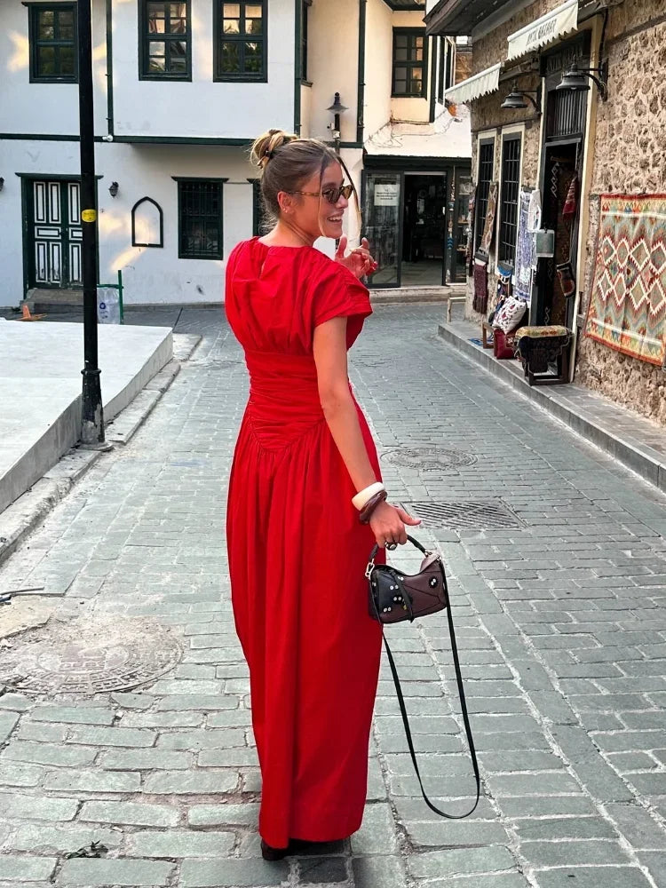 Women Red Irregular Pleated Wrap Waisted Maxi Dress Elegant O Neck Sleeveless Slim Long Dresses Chic Lady Party Street Robes - Seprincess