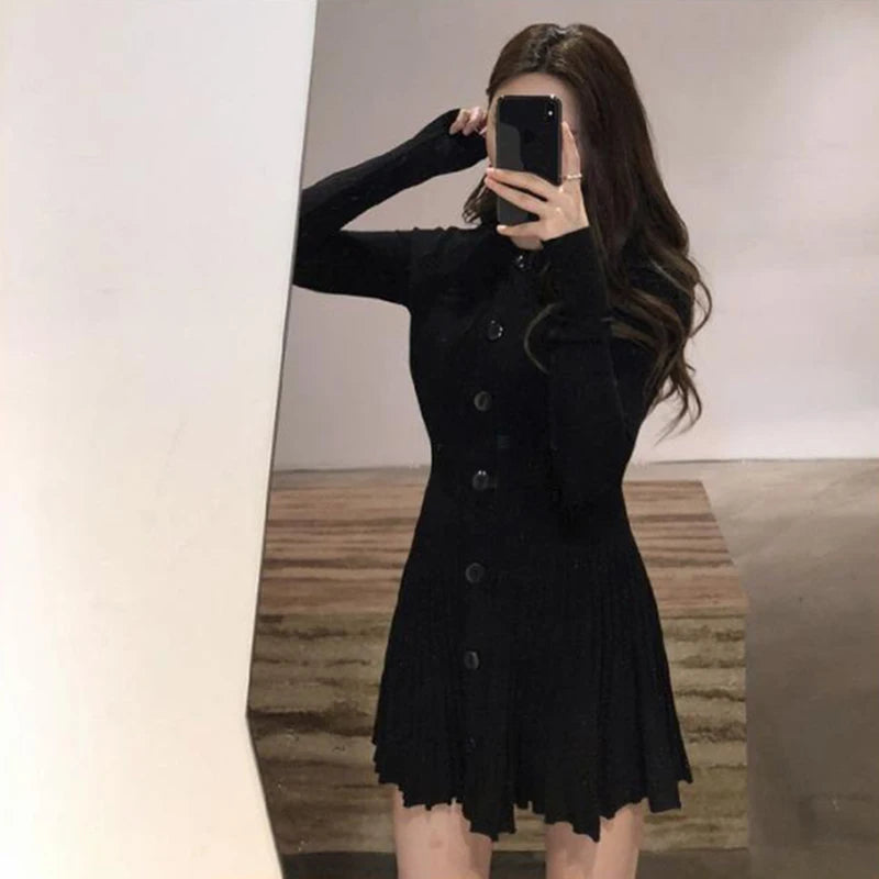 MEXZT Knitted Pleated Mini Dress Women Vintage Black Sweater Dresses Winter Korean Elegant Long Sleeve Pink Bodycon Vestidos New - Seprincess