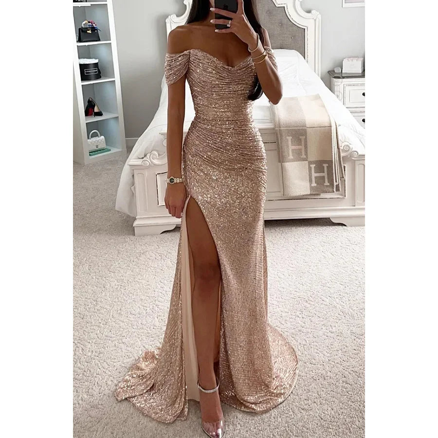 Womens Dresses New Party Sequin One Line Neckline Slit Dress Casual Fashion Dress for Women - Seprincess