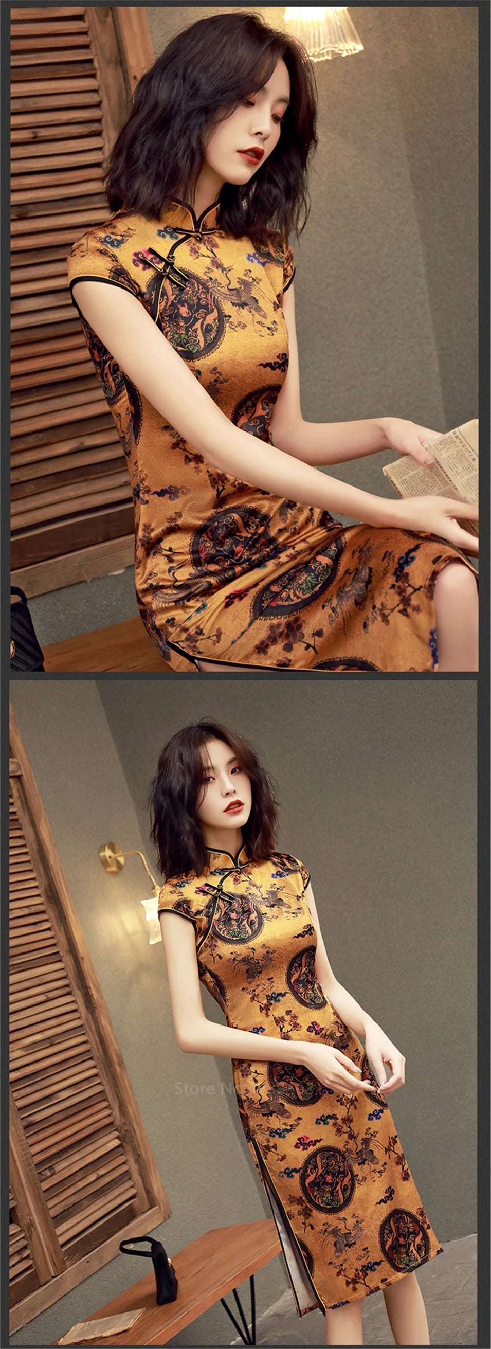 Chinese Traditional Dress Cheongsam  Women Girls Party Wedding Fashion Vintage Retro Crane Floral Print Satin Short Dress - Seprincess