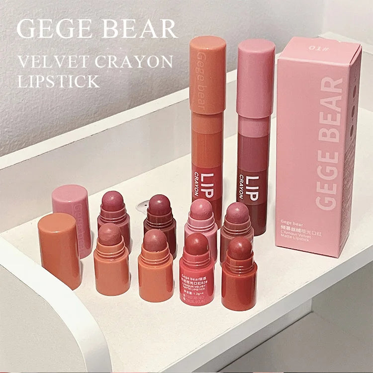 Gege Bear 4 in 1 Velvet Matte Crayon Lipstick Super Stay Makeup Pink Red Long Wear Waterpoof Non-Stick Cup Tiny Lip Stick - Seprincess