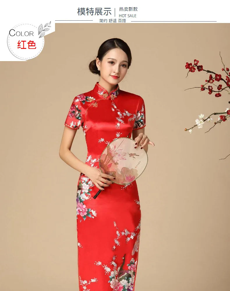 Sexy Cheongsam Chinese Tradition Style Dress Print Satin Qipao Lady Elegant Dresses Summer New Long Qipaos Plus Size 4Xl5Xl6Xl - Seprincess